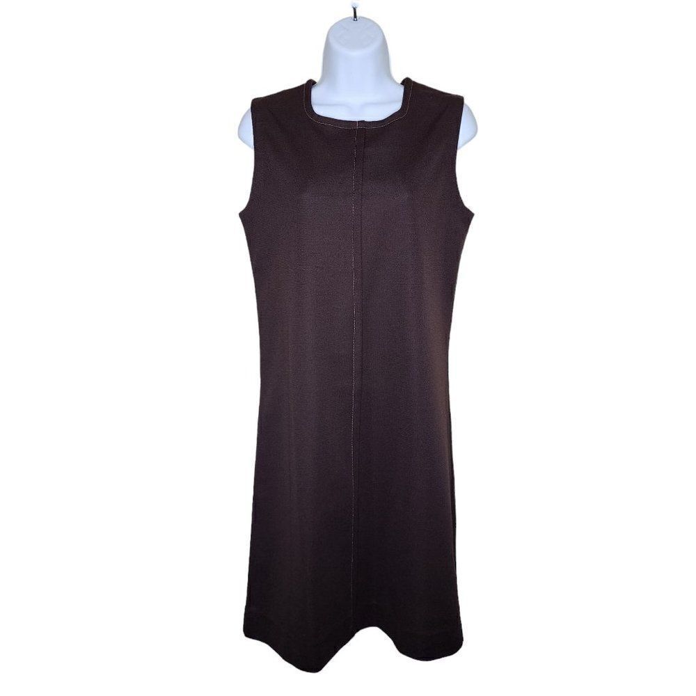 Vintage 1960s Sleeveless Shift Dress Womens Size M Brown Polyester Mod